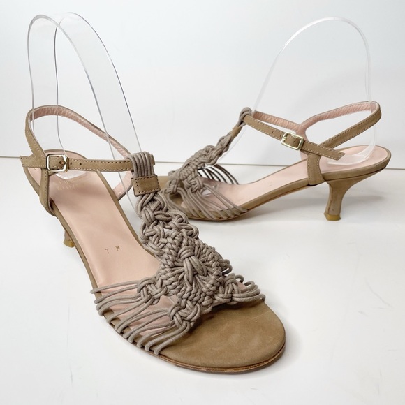 Stuart Weitzman Macrame Suede Kitten Heel Tan Sandal Size 7 - Picture 1 of 12